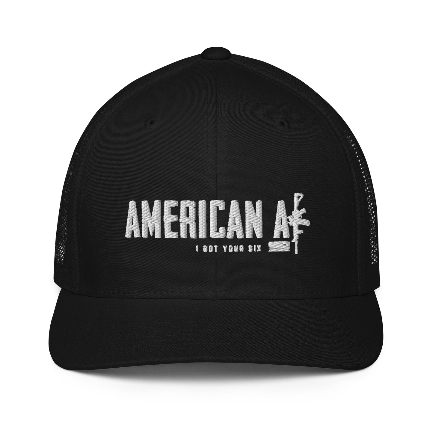 AMERICAN AF black on black trucker cap